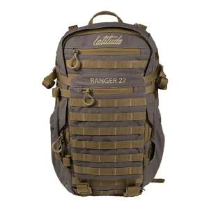 Latitude Ranger 22 - Crossbow Magazine Gray and tan tactical backpack with MOLLE webbing, multiple pockets, and a'RANGER 22' label for outdoor use