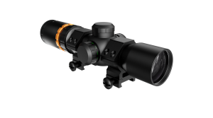 Windage and Elevation knobs adjustable reticle settings and Pic Rail mounting 