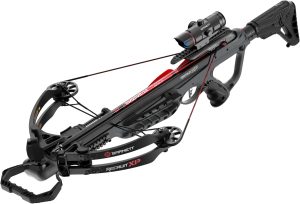 Black compound bow with sight mounted on top, ready for target practice; red accents and quiver attached on the grip side.