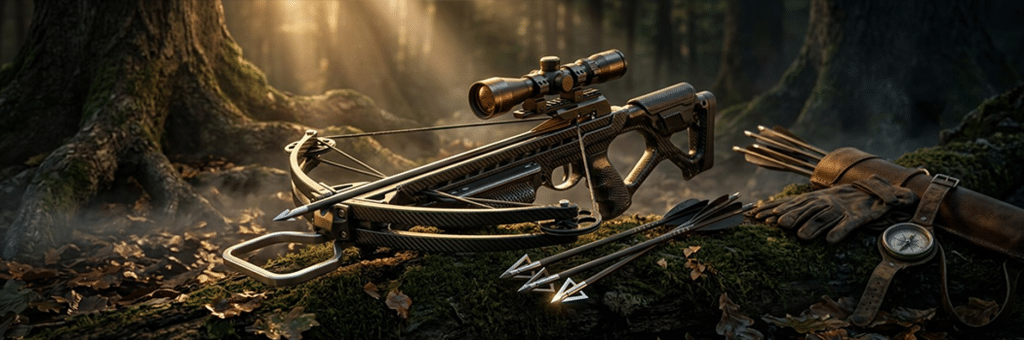 Modern compound bow with a scope rests on a mossy log in a sunlit forest, with arrows and hunting gloves nearby.
