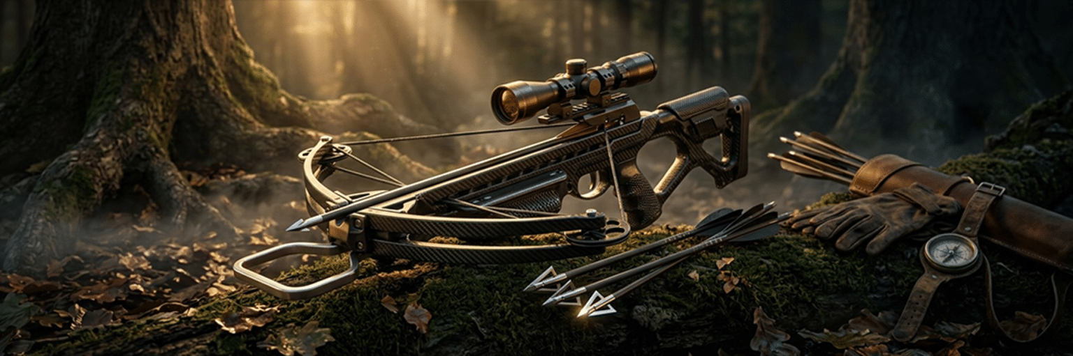 cbow feat - Crossbow Magazine Modern compound bow with a scope rests on a mossy log in a sunlit forest, with arrows and hunting gloves nearby.