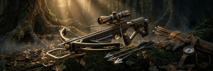 Modern compound bow with a scope rests on a mossy log in a sunlit forest, with arrows and hunting gloves nearby.