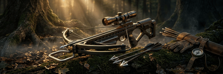Modern compound bow with a scope rests on a mossy log in a sunlit forest, with arrows and hunting gloves nearby.