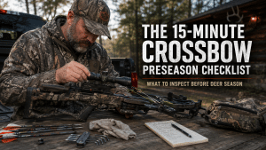 Hunter in camo gear examines a crossbow with a scope on a wooden table outdoors, prep for deer season