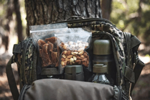 Open hiking backpack with clear snack bags (jerky, nuts, trail mix) and water bottles, outdoors in a forested area.
